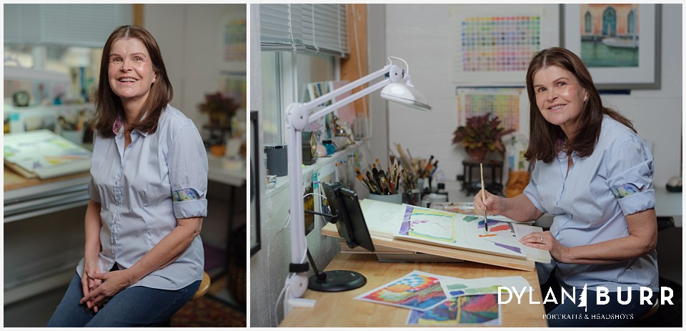fun headshots and promotional photos for award winning watercolor artist